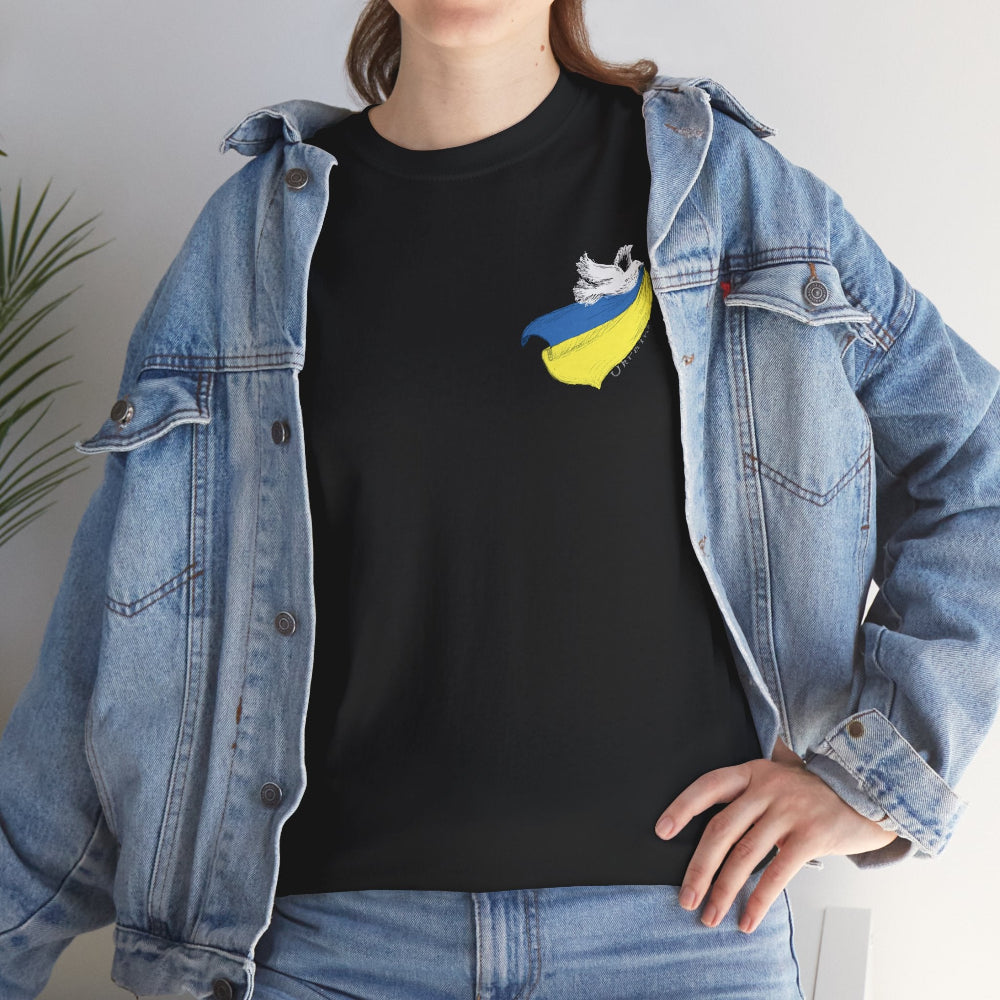 Graphic T shirt featuring a white dove and Ukraine flag, black shirt