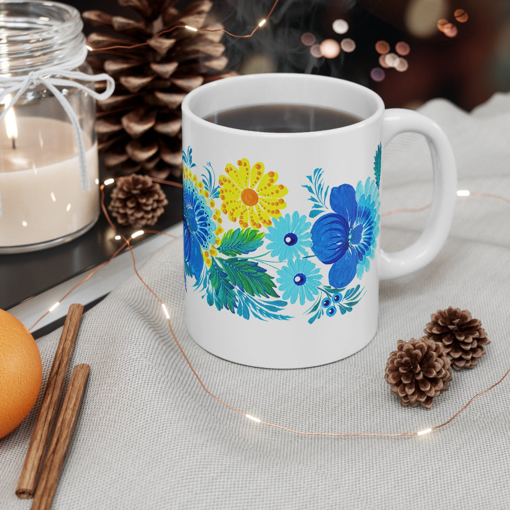 Elegant bird art coffee mug – inspired by Ukrainian heritage and floral folk patterns