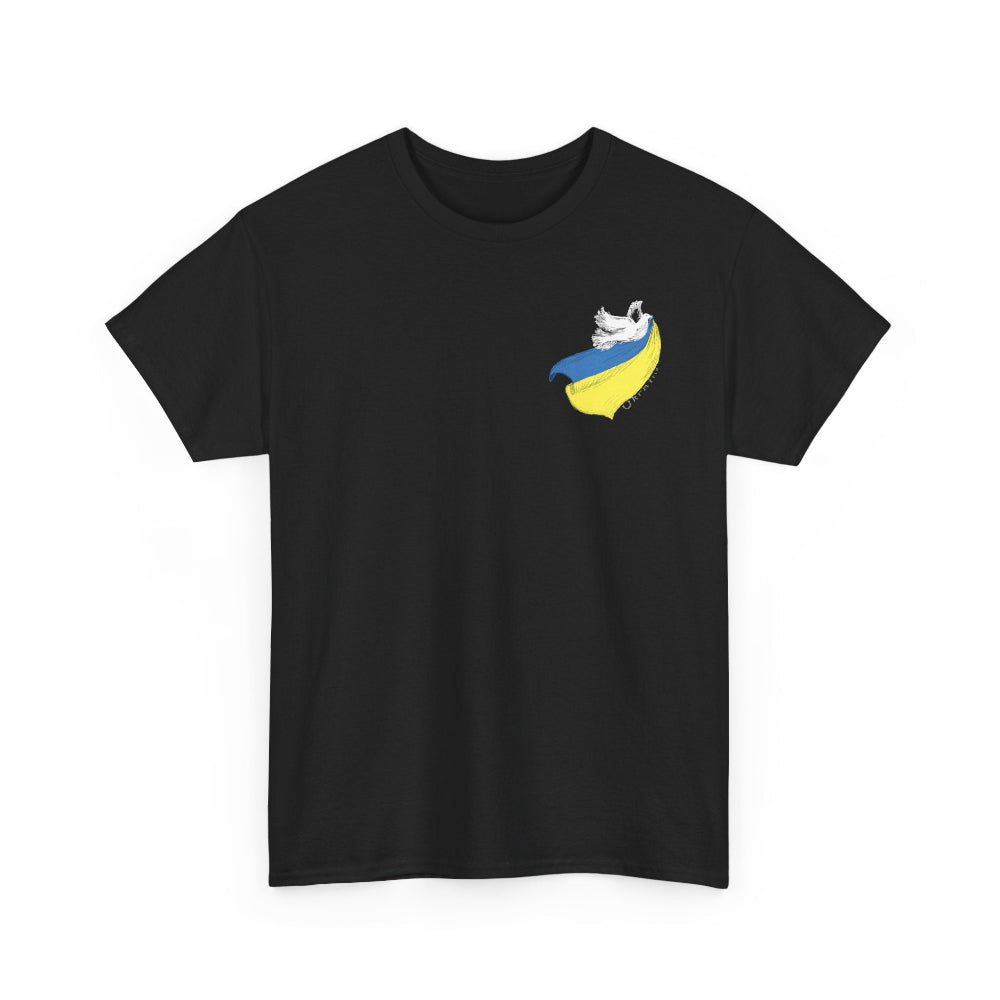 black T shirt with graphic dove design and Ukraine flag