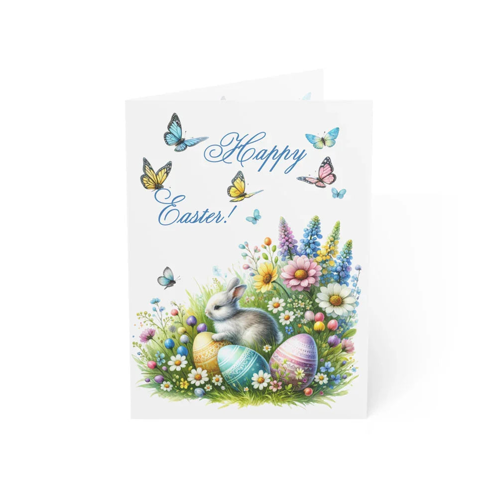 Floral Easter greeting card featuring a bunny, Easter eggs, and flowers with ‘Happy Easter!’ text in pastel watercolor style.
