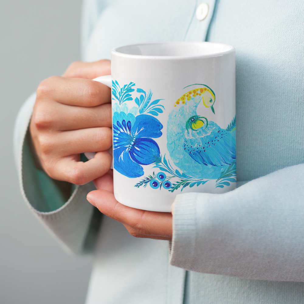 Petrykivka art mug – delicate hand-painted style design with blue and yellow floral details