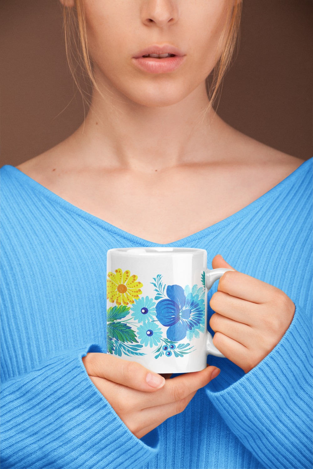 Traditional Ukrainian folk art mug – bird and floral motifs on a white ceramic cup