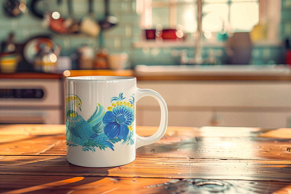 White ceramic mug with Petrykivka bird design – cultural and artistic coffee cup