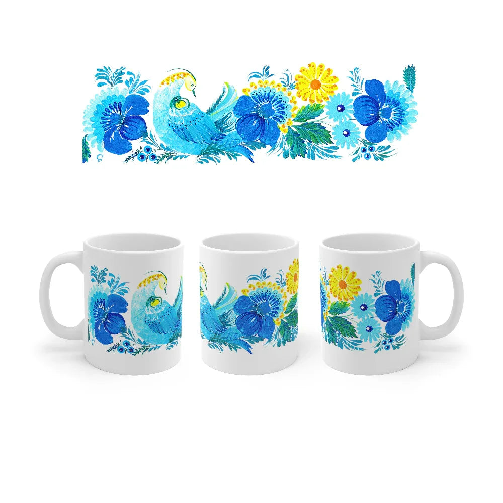 blue bird art, white mug, artistic ornamental, artwork, ceramic mug, bird art