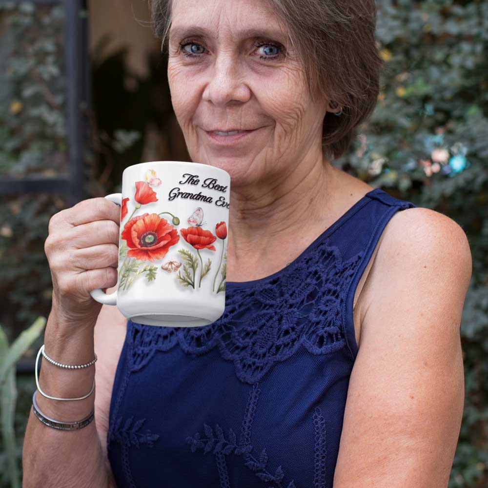 best grandma ever, gifts for grandma, poppy art, large mug, spring gifts