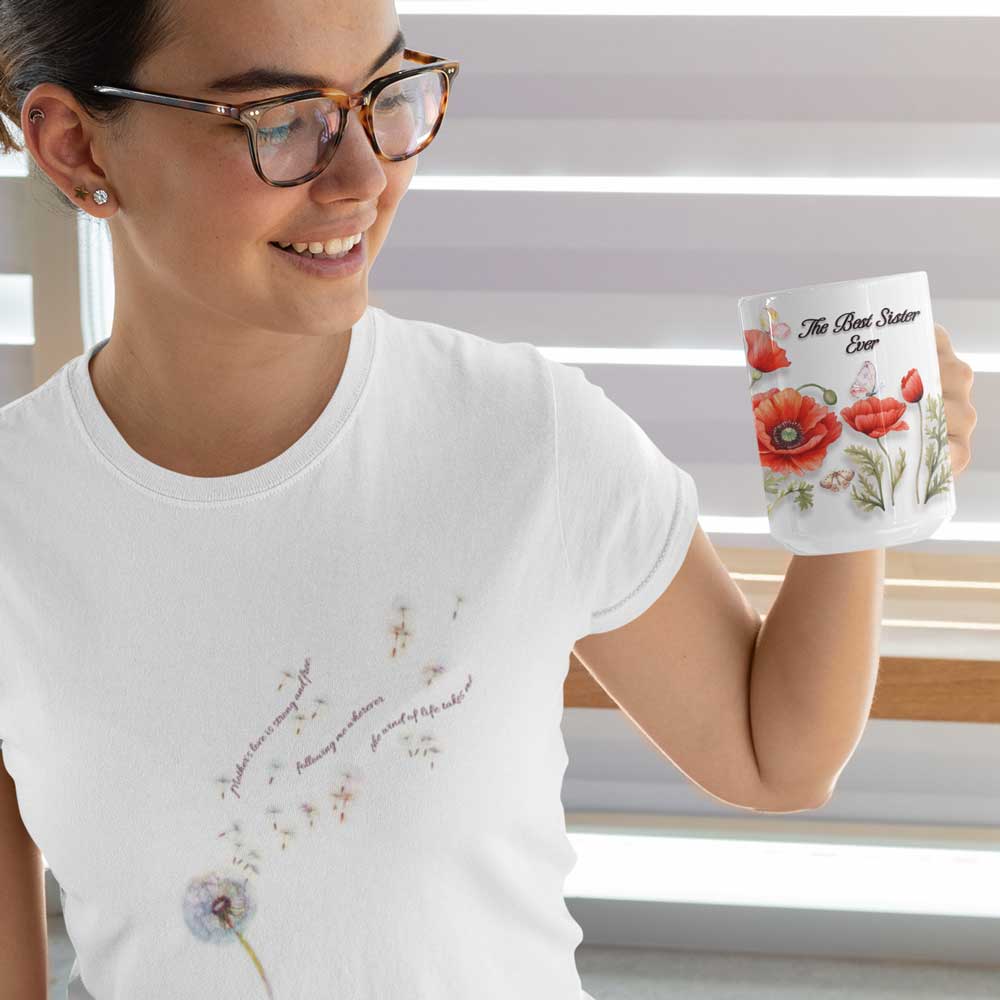 gifts for sister, custom coffee mugs, poppy art, best sister ever