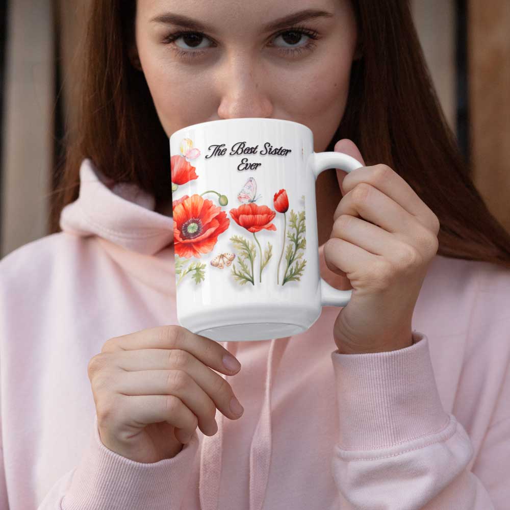 the best sister ever, gift mug for sister, best gift for sister, gifts for sister, sister mug poppy art