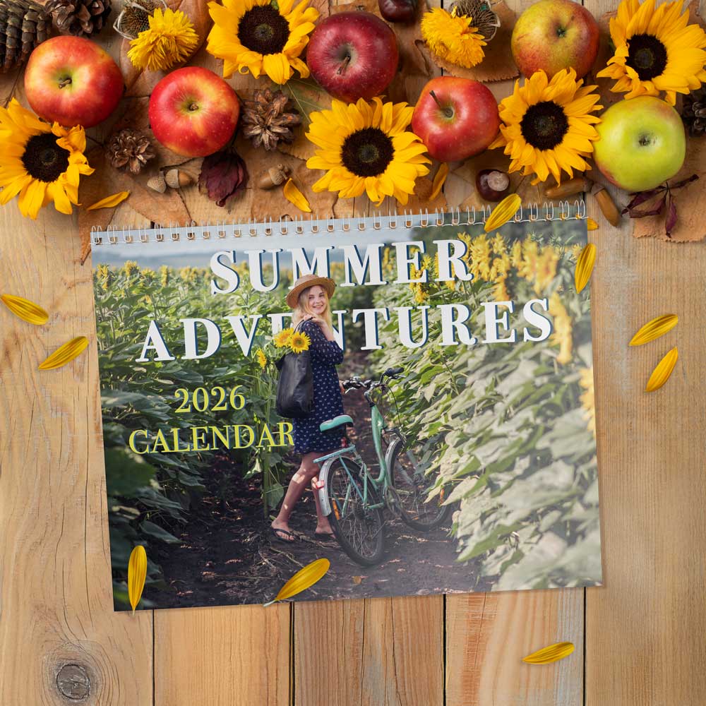 2026 calendar, Summer Adventures, girl a bike, apples and sunflowers. Cute wall calendar, gift for daughter