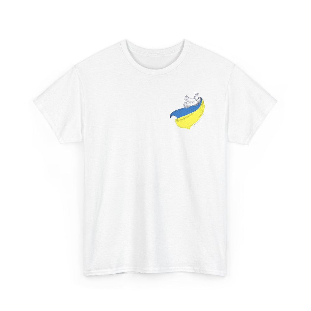 white T shirt with graphic dove design and Ukraine flag