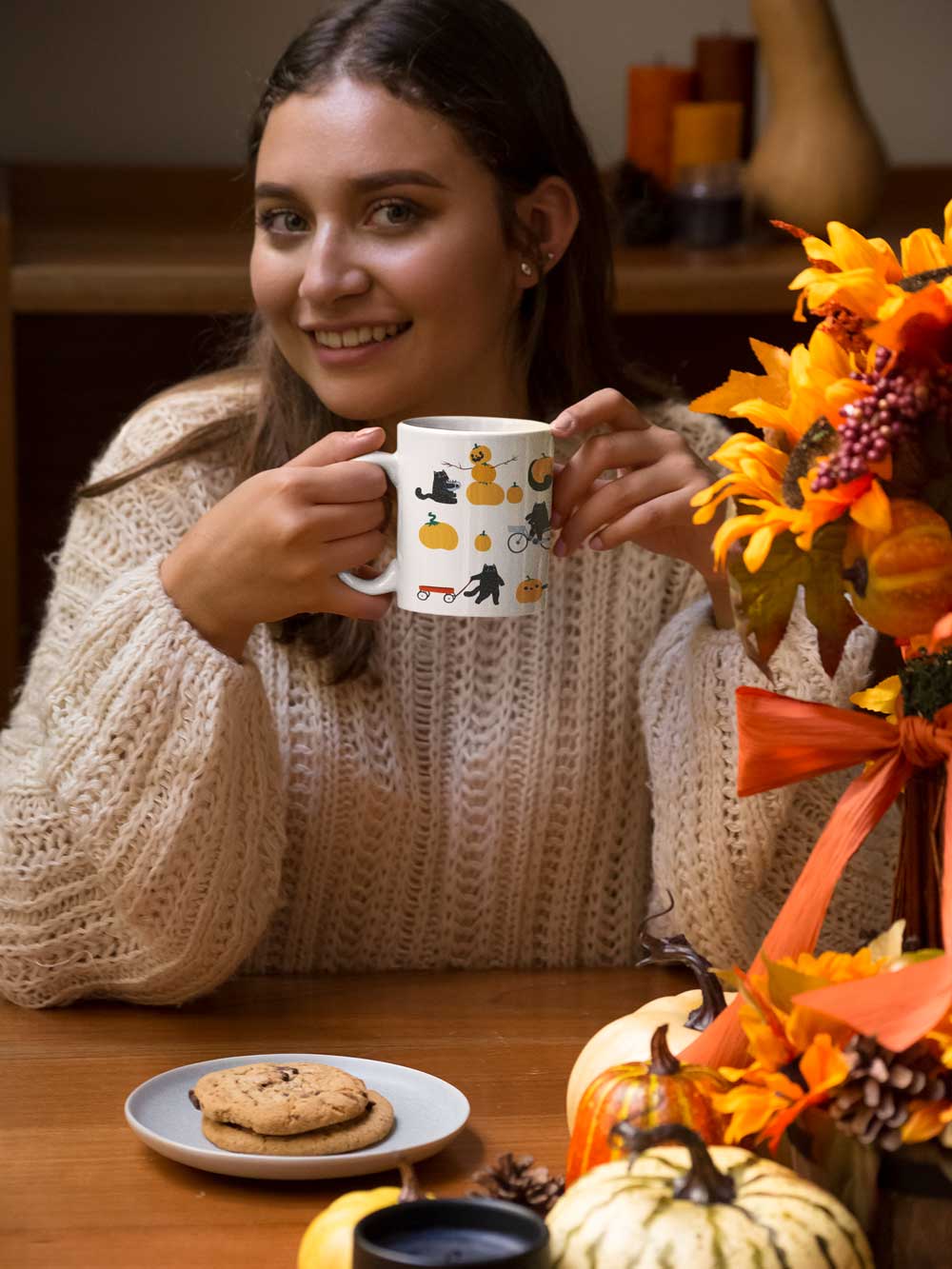 white mug with cat pumpkins