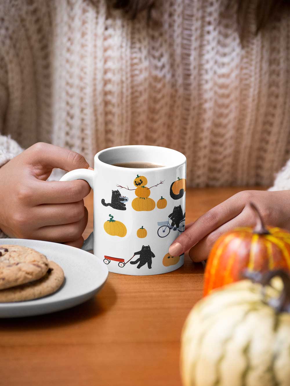 Playful cat mug with black kittens and pumpkins – cozy ceramic coffee cup for fall lovers