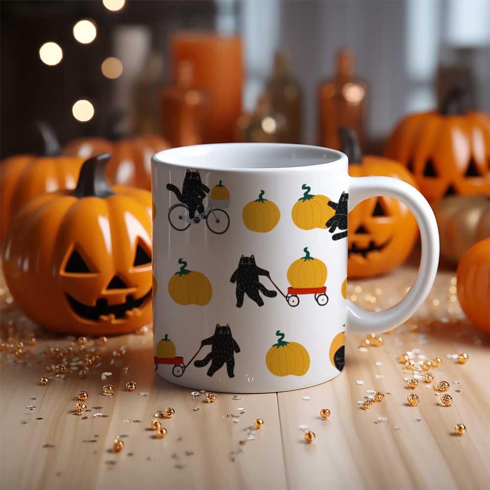 Adorable black cat and pumpkin coffee mug – a cozy fall-themed cup for cat lovers.