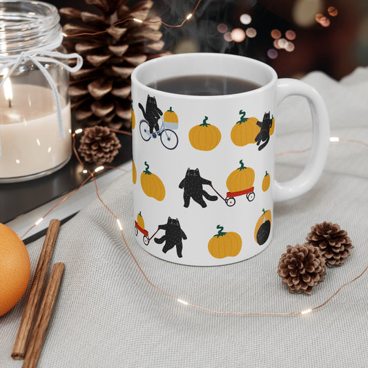 Cozy Fall Cats Mug | Playful Black Cats & Pumpkins | 11oz Ceramic Mug