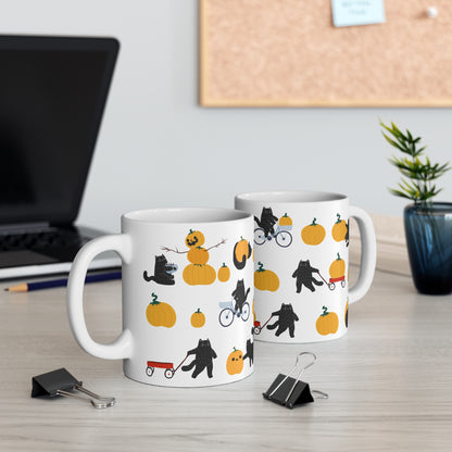Cozy Fall Cats Mug | Playful Black Cats & Pumpkins | 11oz Ceramic Mug