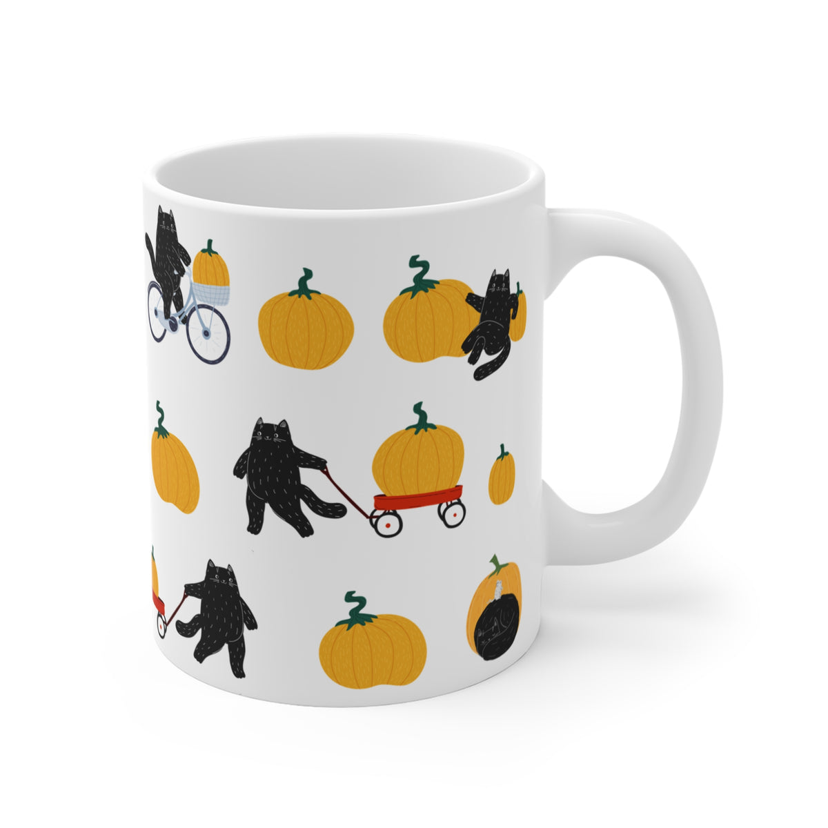 Cozy Fall Cats Mug | Playful Black Cats & Pumpkins | 11oz Ceramic Mug
