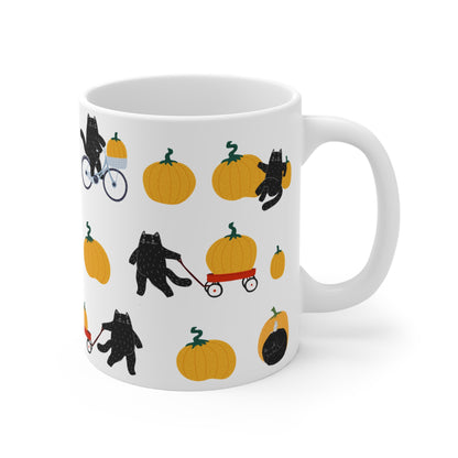 Cozy Fall Cats Mug | Playful Black Cats & Pumpkins | 11oz Ceramic Mug