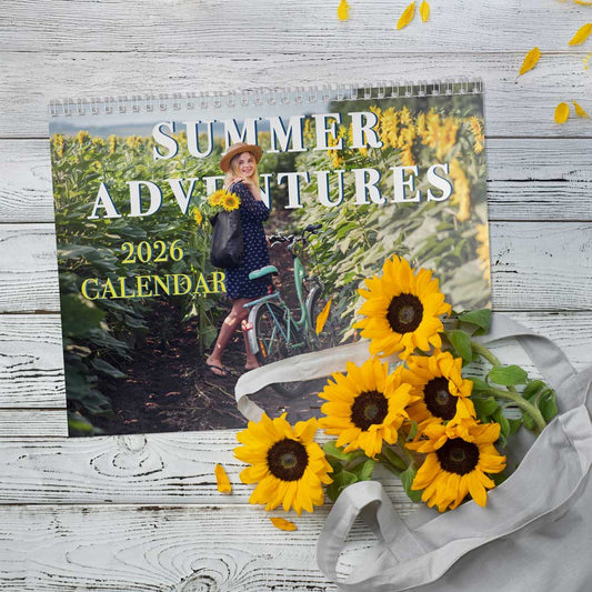 2026 calendar, wall calendar, Summer Adventures calendar, Ukrainian girl, bike lover, sunflowers