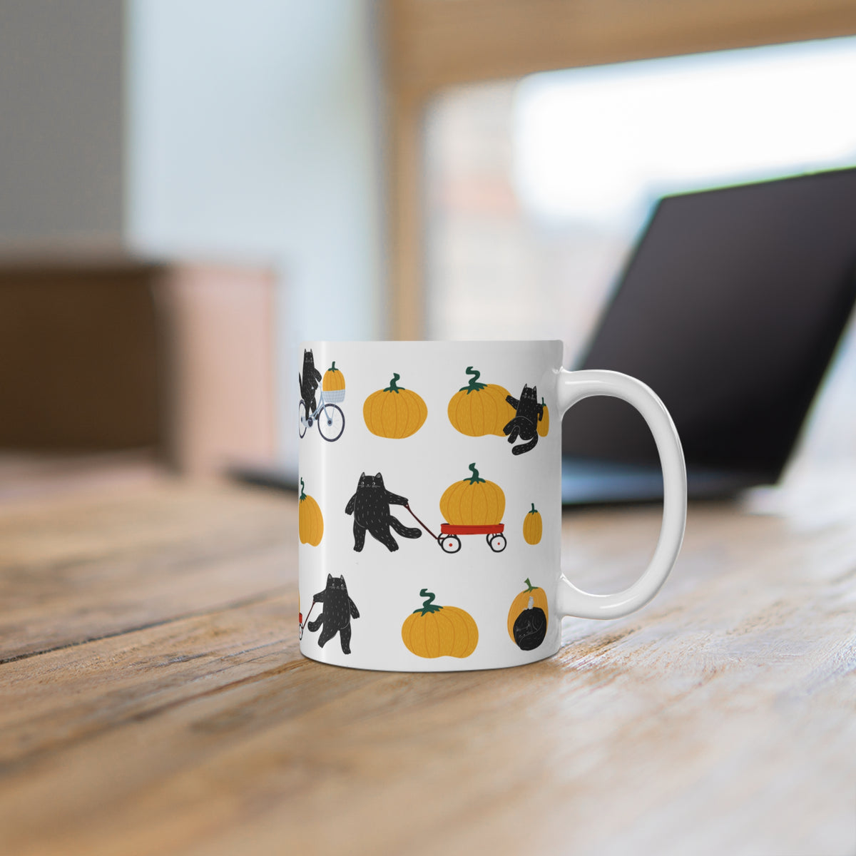 Cozy Fall Cats Mug | Playful Black Cats & Pumpkins | 11oz Ceramic Mug