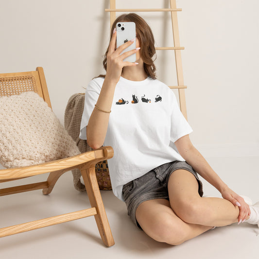Cat & Pumpkin Row T-Shirt — Cute Halloween Black Cat Graphic Tee