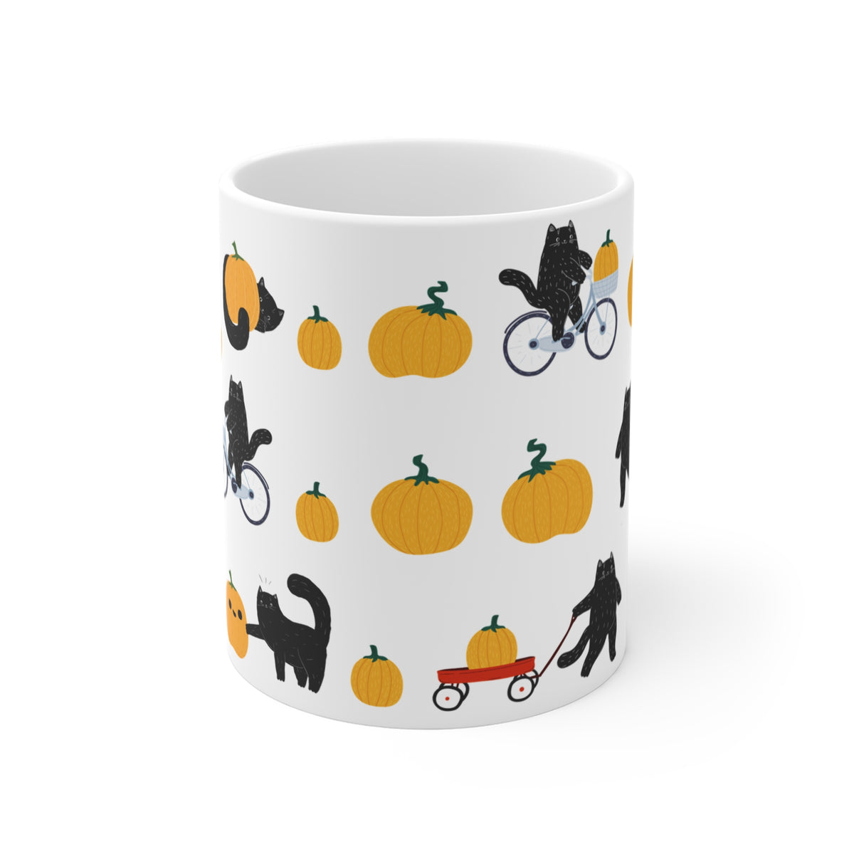 Cozy Fall Cats Mug | Playful Black Cats & Pumpkins | 11oz Ceramic Mug