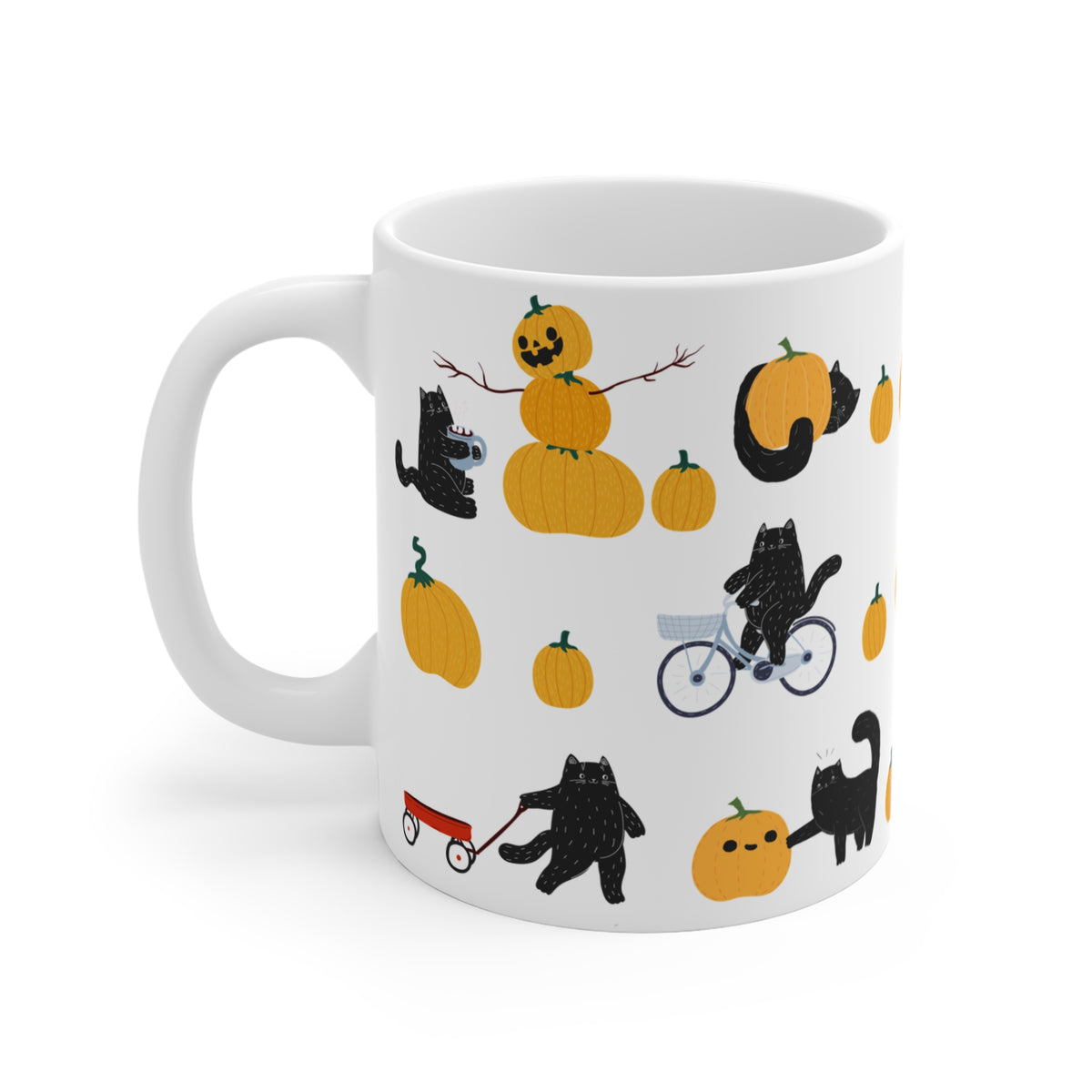Cozy Fall Cats Mug | Playful Black Cats & Pumpkins | 11oz Ceramic Mug