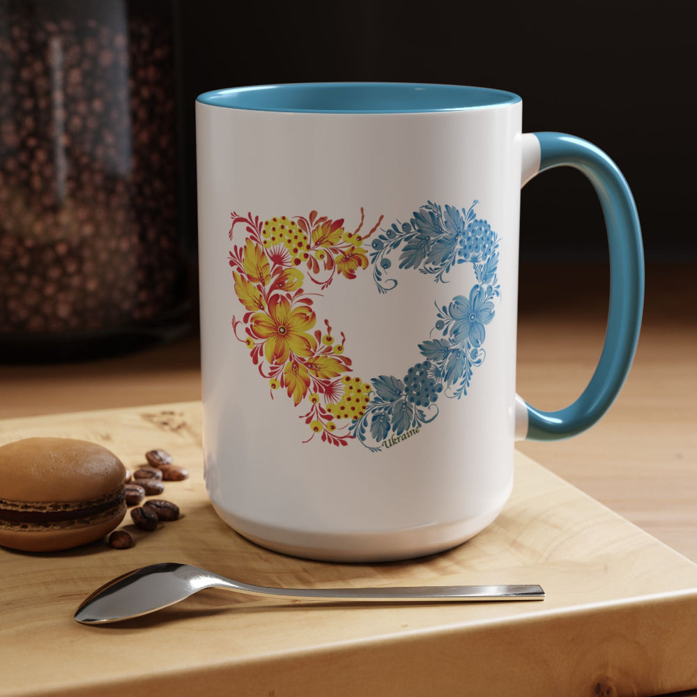 Glossy ceramic coffee mug showcasing heart shaped ornaments from Ukraine