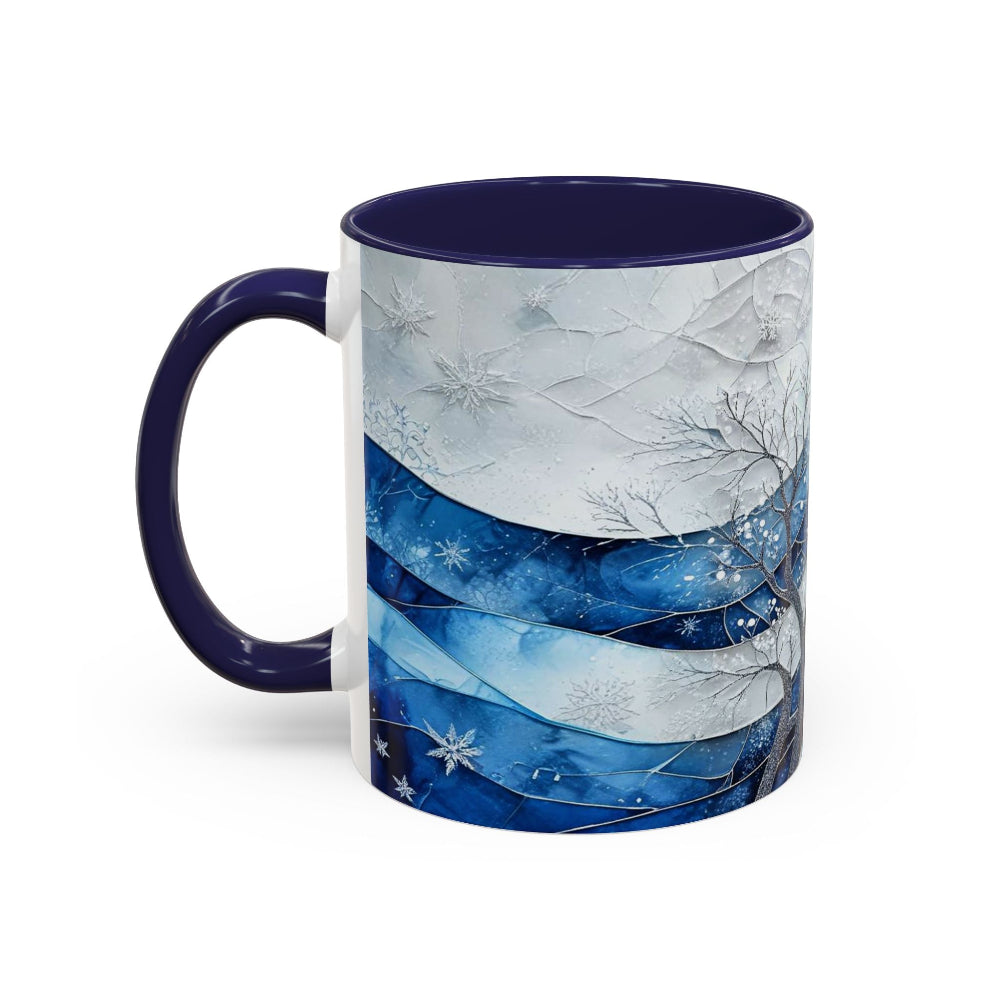 Ceramic mug with stained glass design and frosty blue hues, a beautiful winter gift idea