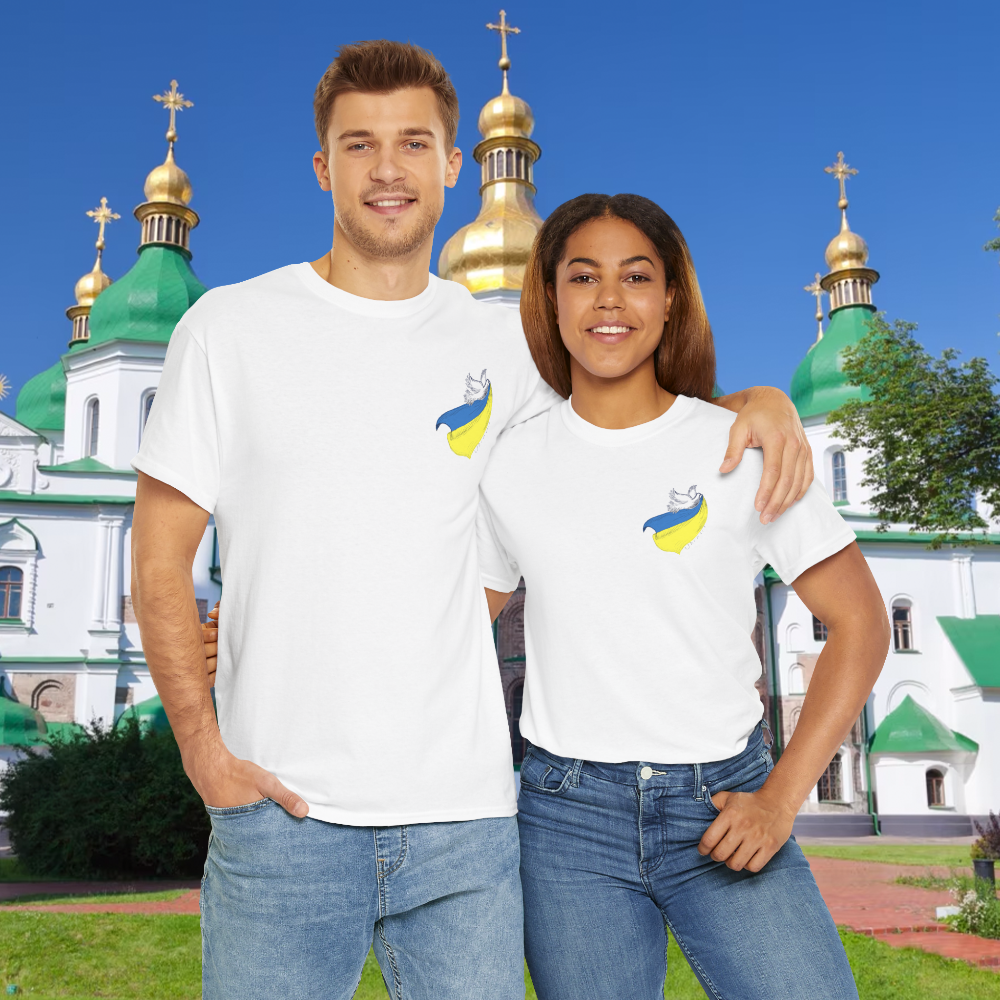 White t shirt, graphic T shirt with a symbolic dove holding the Ukraine flag, representing unity and peace