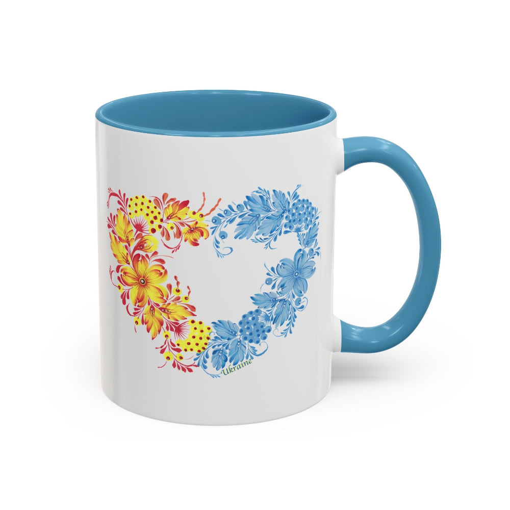 Elegant mug, heart mug with intricate Ukrainian-inspired floral artwork, 11 oz mug