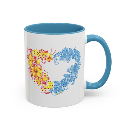 Elegant mug, heart mug with intricate Ukrainian-inspired floral artwork, 11 oz mug