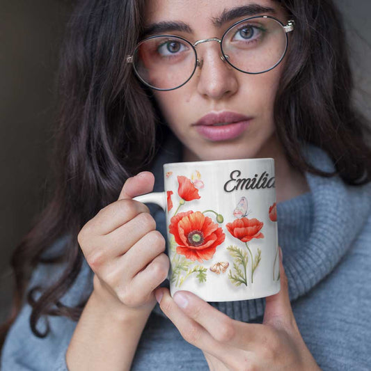 gift mug for Emilia, poppy art, poppies
