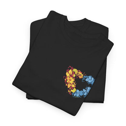 black t shirt, floral art, Ukrainian painting
