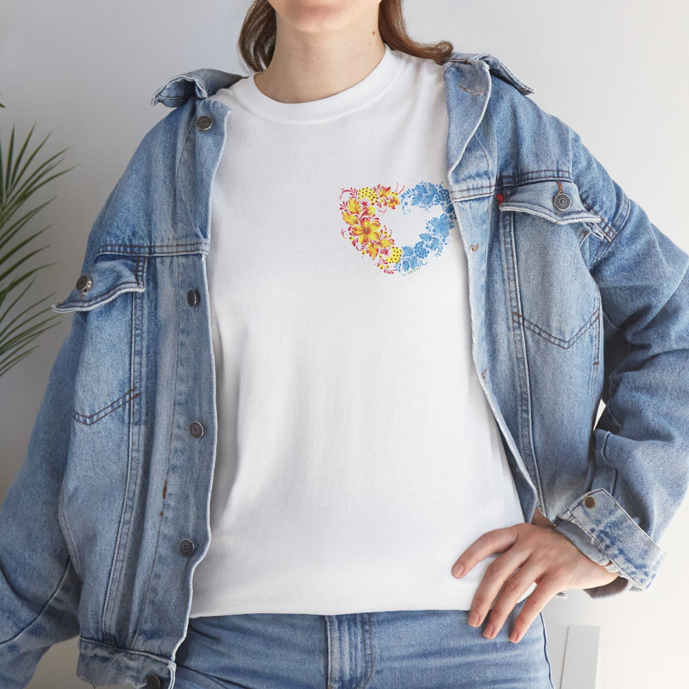 white t shirt, heart shirt, ukrainian folk art, petrykivka