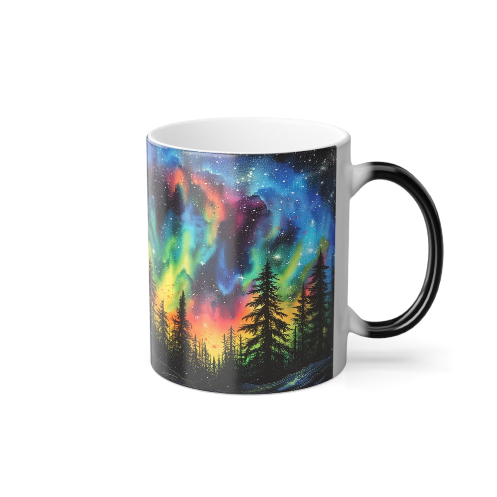 Mystical mug, ceramic mug with aurora painting and glowing night sky