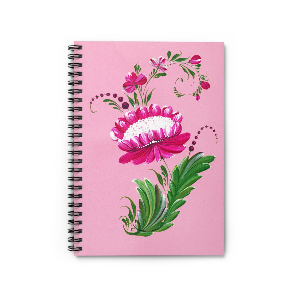 Spiral Notebook with Delicate Hand-Painted Pink Flowers on White Background