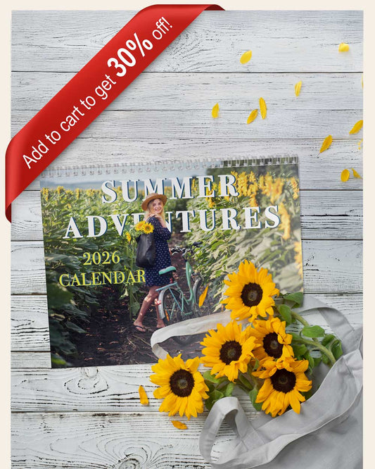 2026 calendar, wall calendar, Summer Adventures calendar, Ukrainian girl, bike lover, sunflowers