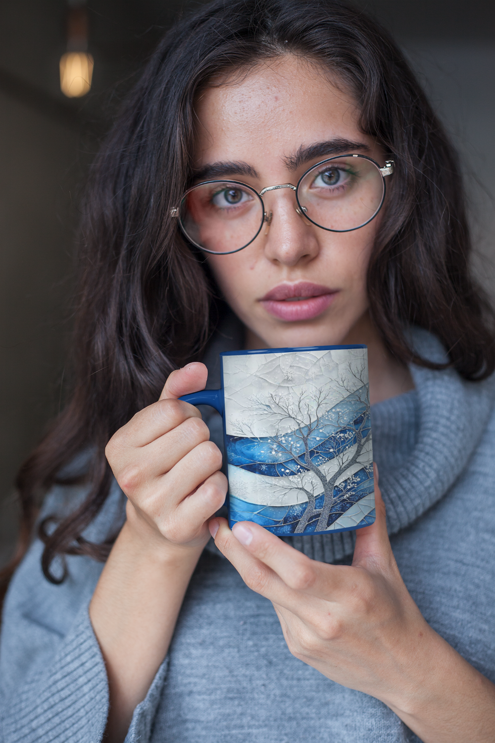 winter coffee mugs with stained glass art featuring icy blue waves and frosted tree, perfect for cozy coffee moments.