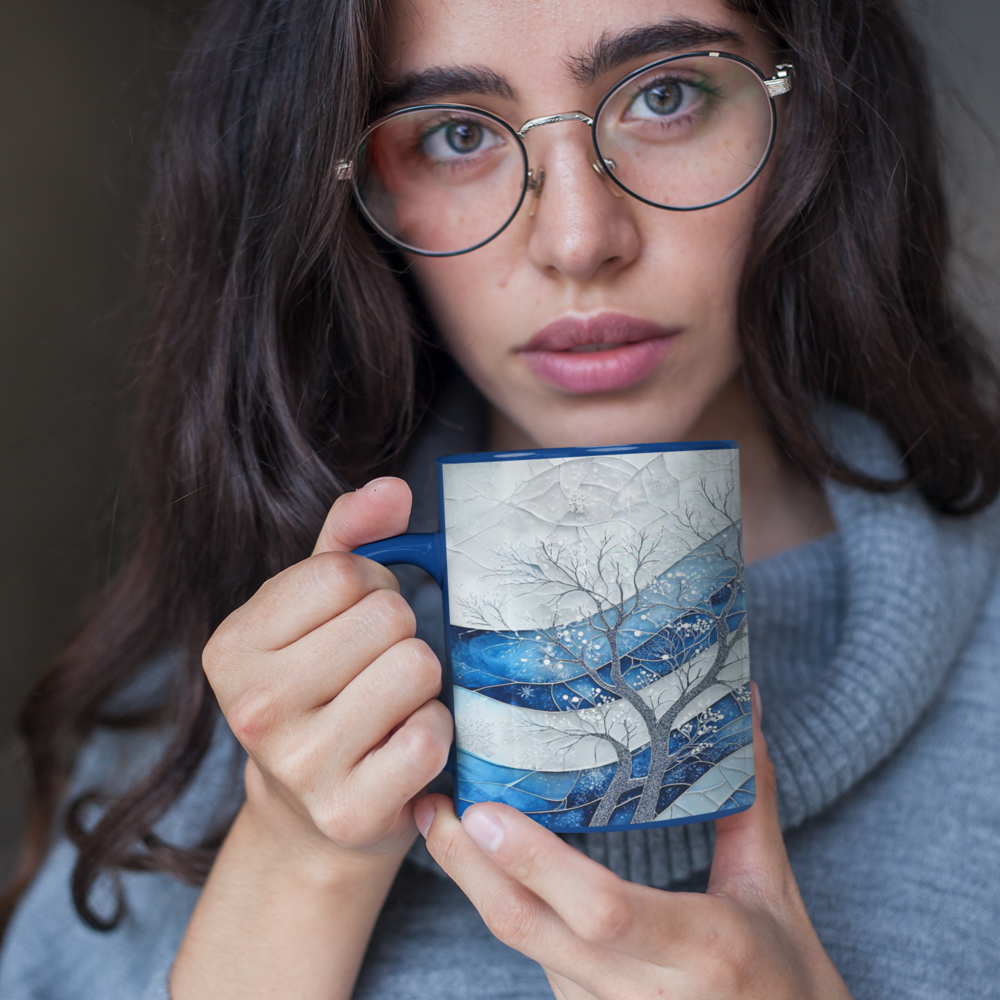 Blue coffee mug with stained glass artwork for a frosty morning.