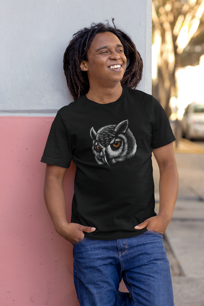 smiling man with comfort colors t shirt with owl art