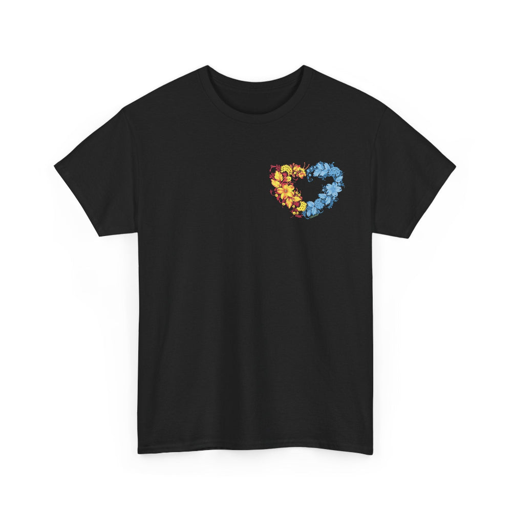 black t shirt, heart shirt, ukrainian folk art, petrykivka in white background