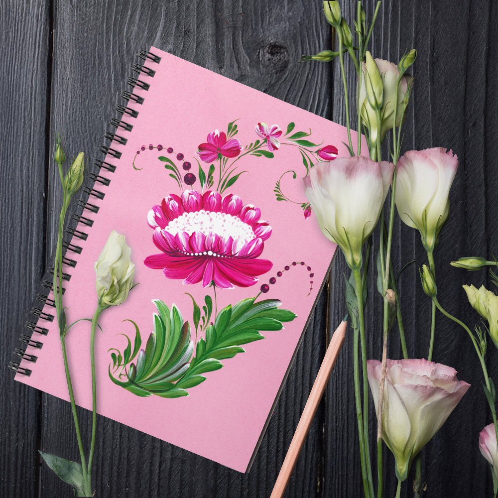 Spiral Notebook with Floral Art, Pink Flower