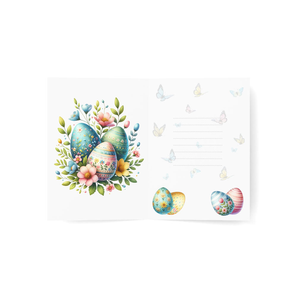 Inside of Easter greeting card with floral Easter eggs, butterflies, and a space for personal messages. Includes matching envelope.