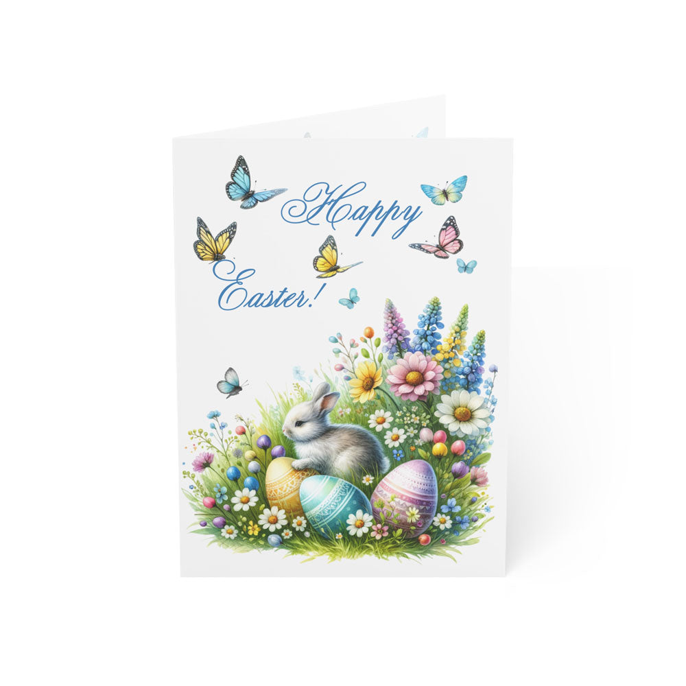 Floral Easter greeting card featuring a bunny, Easter eggs, and flowers with ‘Happy Easter!’ text in pastel watercolor style.