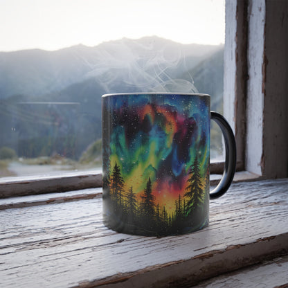 magic cup featuring northern pines & aurora painting, color changing mug for wife