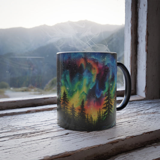 magic cup featuring northern pines & aurora painting, color changing mug for wife