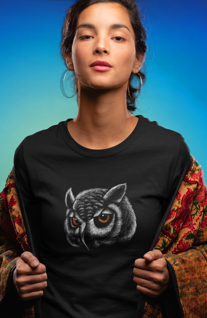 young woman with owl art graphic tee