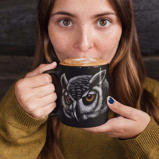 Black Coffee Mug with Owl Art