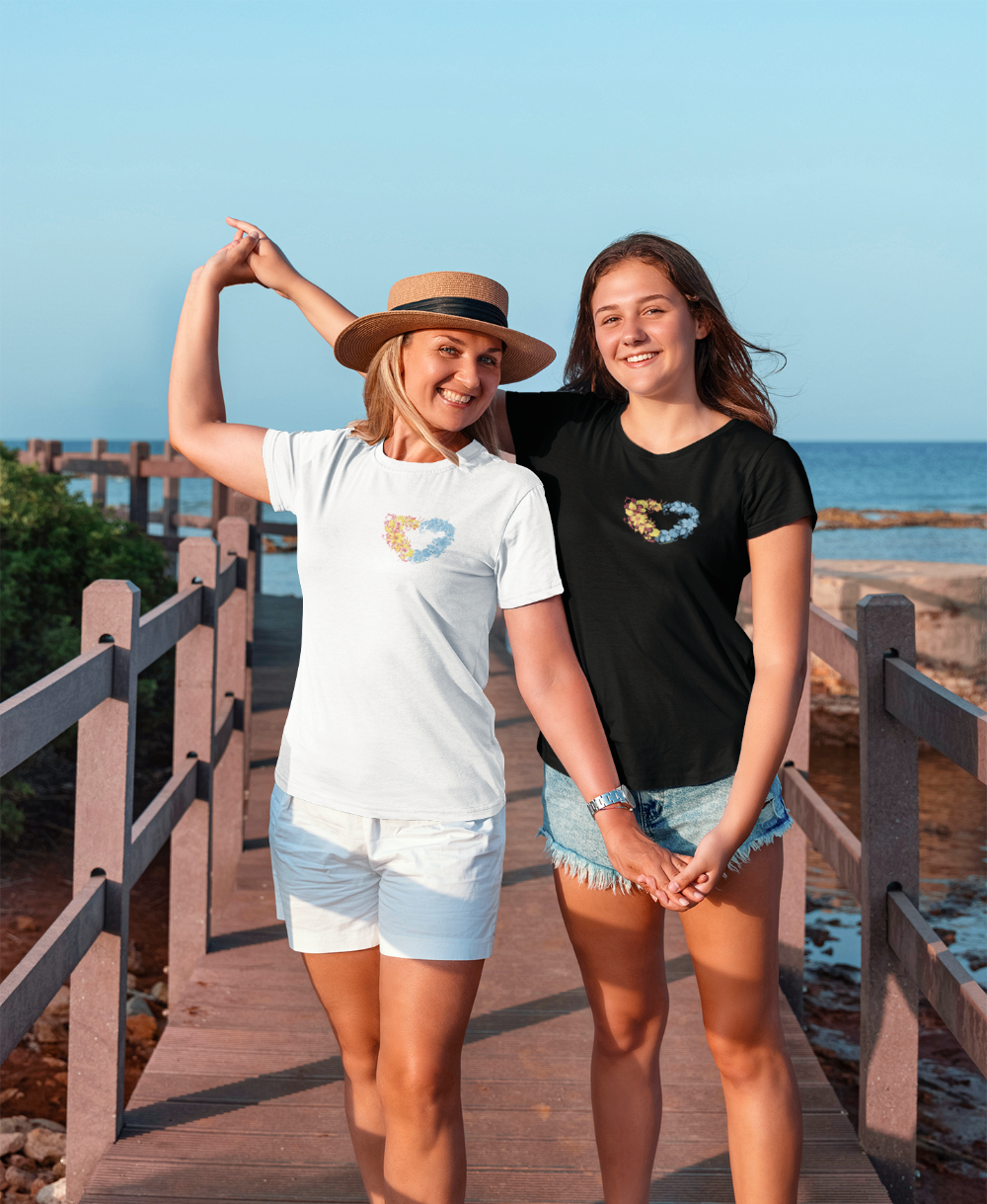 black t shirt, white t shirt with traditional art