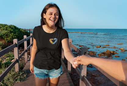 Blue and yellow floral pattern symbolizing Ukrainian culture and heritage in black t shirt