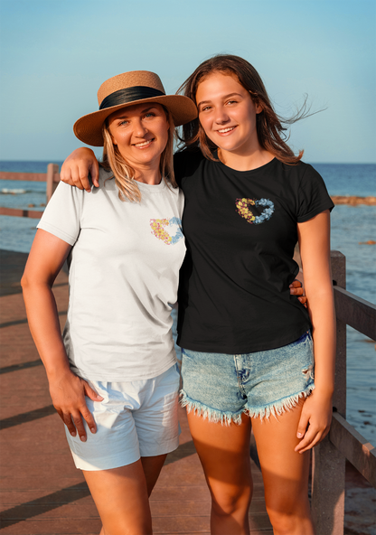 heart shirt in white t shirt and black t shirt